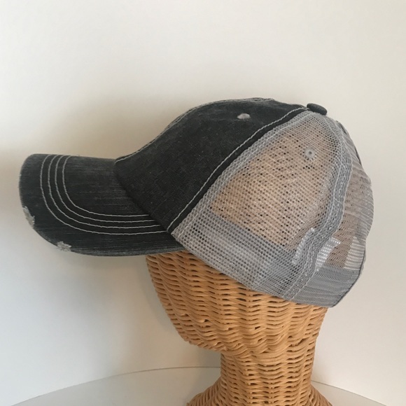Distressed Canvas, Mesh Back Ponytail Hat Adjustable Black Grey New! - Picture 7 of 12